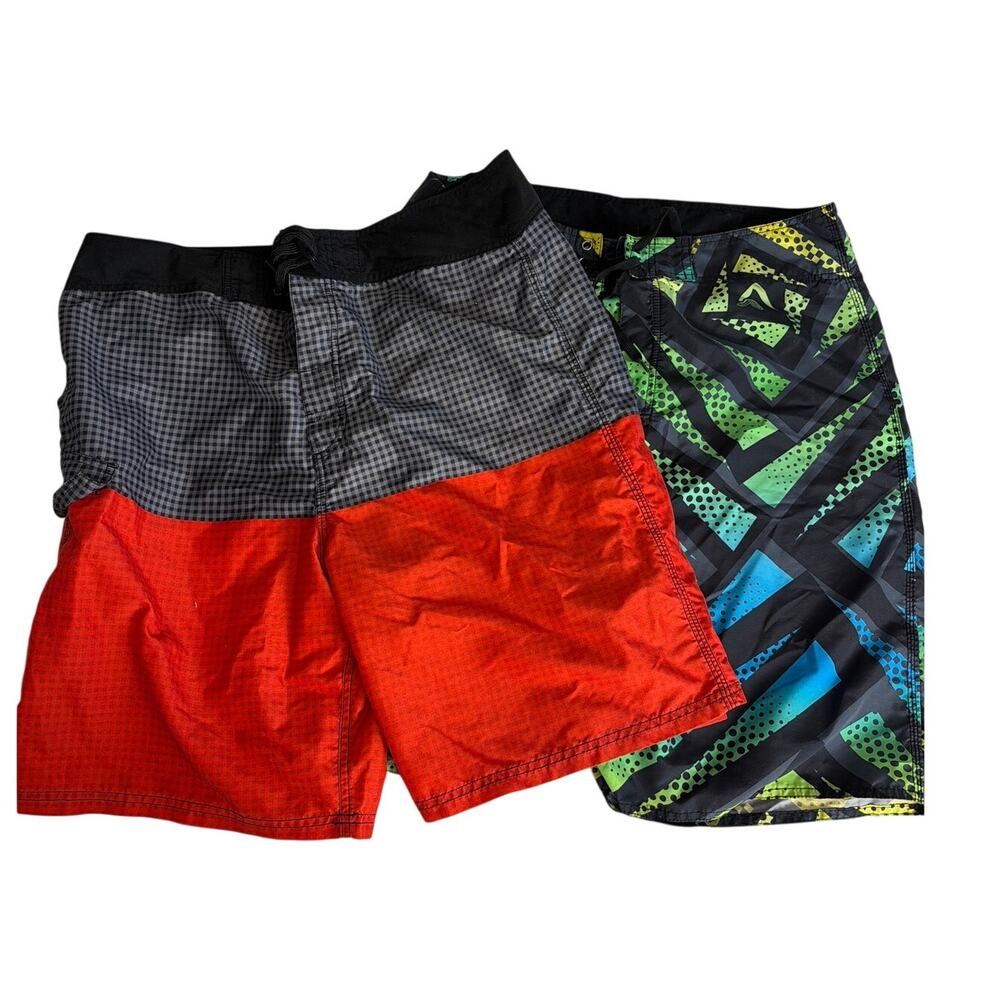 Men Board Shorts Size 36 Lot of 2 Kanu Surf Op Swim Trunks Geometric Red Blue